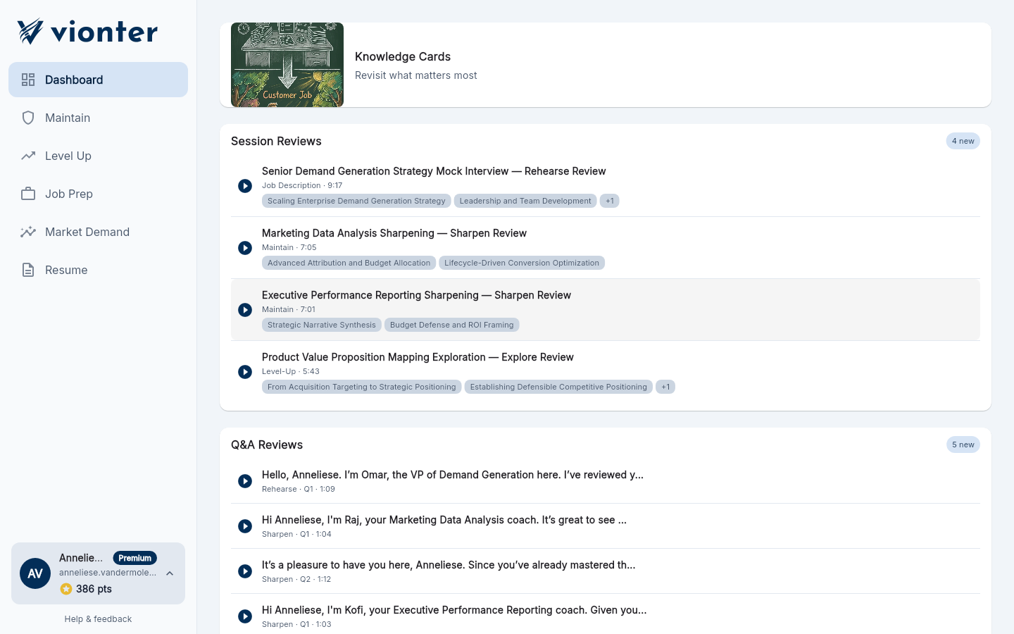 The Vionter dashboard. A Knowledge Cards panel at the top reads 'Revisit what matters most'. Below it, a Session Reviews list includes 'Senior Demand Generation Strategy Mock Interview, Rehearse Review' with topic tags, and a Q&A Reviews list holds each individual question and answer as a separate playable clip.