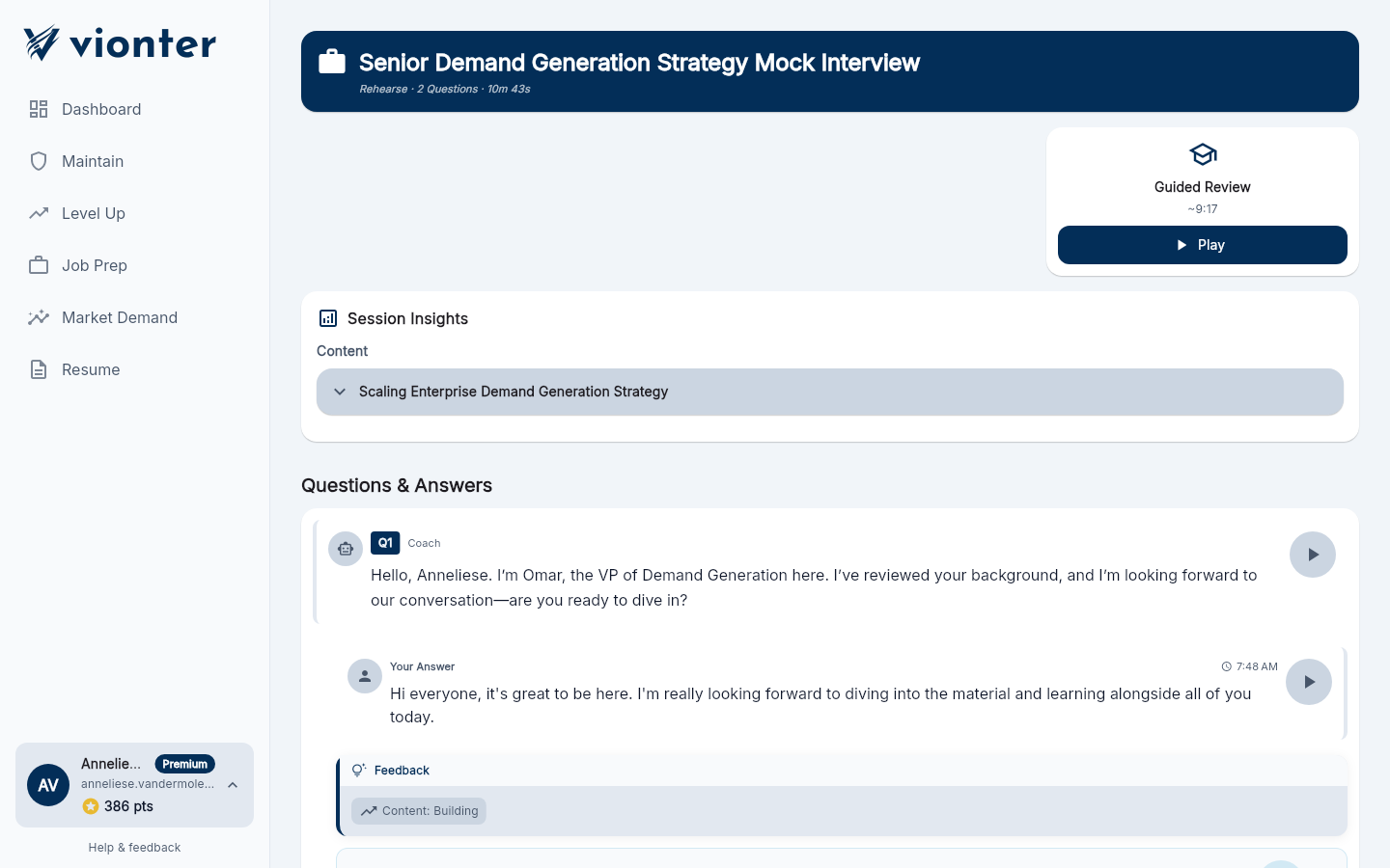 A completed mock interview review in Vionter. The header reads 'Senior Demand Generation Strategy Mock Interview'. Below it a Guided Review panel offers a nine-minute narrated playback, and a Questions and Answers section shows the interviewer's opening question, the candidate's spoken answer, and a feedback note rating the content.